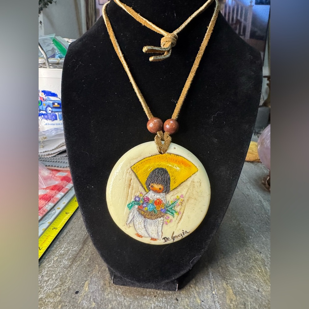 VINTAGE Ted DeGrazia Signed Hand Painted Pendant Necklace 3-D 1st Ed Flower Girl